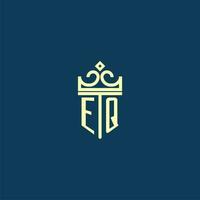 EQ initial monogram shield logo design for crown vector image