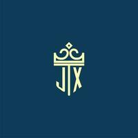 JX initial monogram shield logo design for crown vector image