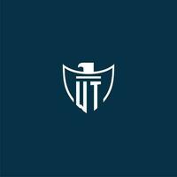 WT initial monogram logo for shield with eagle image vector design