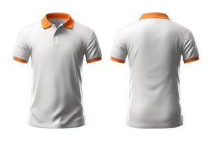 plain white polo shirt mockup design. with an orange collar. front and rear view. isolated on transparent background. png