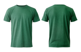 llanura oscuro verde camiseta Bosquejo plantilla, con vista, frente y atrás, aislado en transparente fondo, generativo ai png