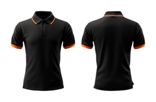 plain black polo shirt mockup design. with an orange collar. front and rear view. isolated on transparent background. png