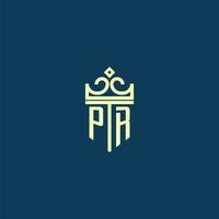 PR initial monogram shield logo design for crown vector image