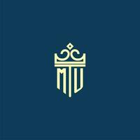 MU initial monogram shield logo design for crown vector image