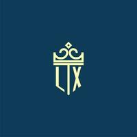 LX initial monogram shield logo design for crown vector image