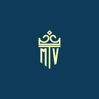 MV initial monogram shield logo design for crown vector image