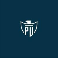 PU initial monogram logo for shield with eagle image vector design