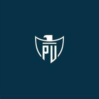 PU initial monogram logo for shield with eagle image vector design