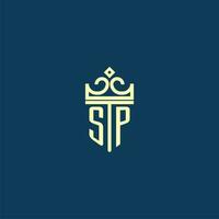 SP initial monogram shield logo design for crown vector image