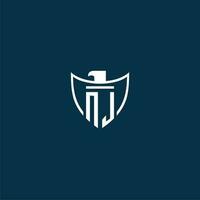 NJ initial monogram logo for shield with eagle image vector design