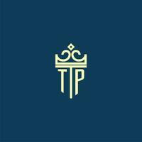 TP initial monogram shield logo design for crown vector image