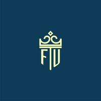 FU initial monogram shield logo design for crown vector image