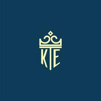 KE initial monogram shield logo design for crown vector image