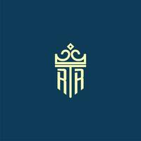 RR initial monogram shield logo design for crown vector image
