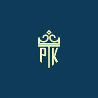 PK initial monogram shield logo design for crown vector image