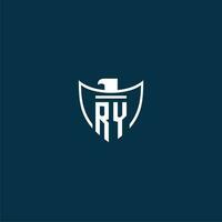 RY initial monogram logo for shield with eagle image vector design