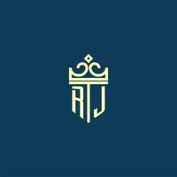 RJ initial monogram shield logo design for crown vector image