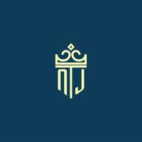 NJ initial monogram shield logo design for crown vector image