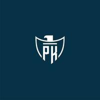 PK initial monogram logo for shield with eagle image vector design