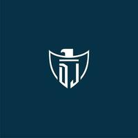 DJ initial monogram logo for shield with eagle image vector design