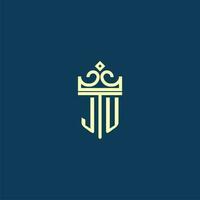 JU initial monogram shield logo design for crown vector image