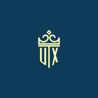UX initial monogram shield logo design for crown vector image