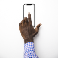 index finger touching phone screen with transparent screen. blank screen, phone screen mockup, front view, clipping path, clipping mask png