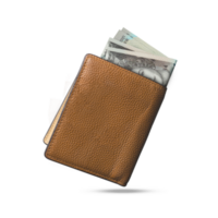 3D rendering of Eastern Caribbean dollar notes popping out of a brown leather men's wallet. Eastern Caribbean dollar in wallet png