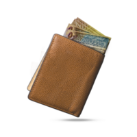 3D rendering of Jordanian Dinar notes popping out of a brown leather men's wallet. Jordanian Dinars in wallet png