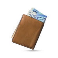 3D rendering of Moroccan dirham notes popping out of a brown leather men's wallet. Moroccan dirhams in wallet png