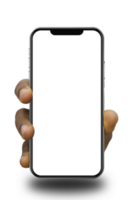 Black hand holding phone facing camera isolated on transparent background. blank screen, phone screen mockup, front view, clipping path, mask, set png