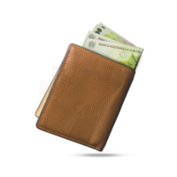 3D rendering of Romanian Leu notes popping out of a brown leather men's wallet. Romanian Leu in wallet png