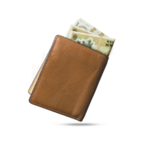 3D rendering of Moldovan Leu notes popping out of a brown leather men's wallet. Moldovan Leu in wallet png