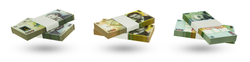 Set of stacks of Romanian leu notes in different denominations. 3d rendering png