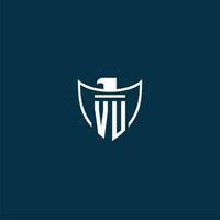 VU initial monogram logo for shield with eagle image vector design