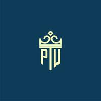 PW initial monogram shield logo design for crown vector image