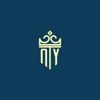 NY initial monogram shield logo design for crown vector image