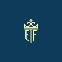 EF initial monogram shield logo design for crown vector image