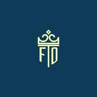 FO initial monogram shield logo design for crown vector image