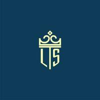 LS initial monogram shield logo design for crown vector image