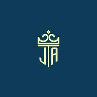 JA initial monogram shield logo design for crown vector image