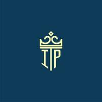 IP initial monogram shield logo design for crown vector image