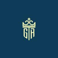 GR initial monogram shield logo design for crown vector image
