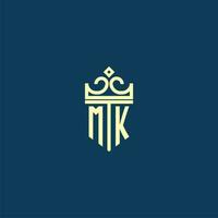 MK initial monogram shield logo design for crown vector image