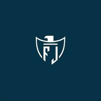 FJ initial monogram logo for shield with eagle image vector design