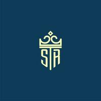 SR initial monogram shield logo design for crown vector image