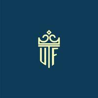 UF initial monogram shield logo design for crown vector image