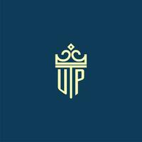 UP initial monogram shield logo design for crown vector image