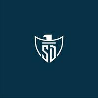 SD initial monogram logo for shield with eagle image vector design