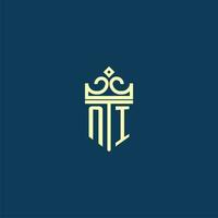 NI initial monogram shield logo design for crown vector image